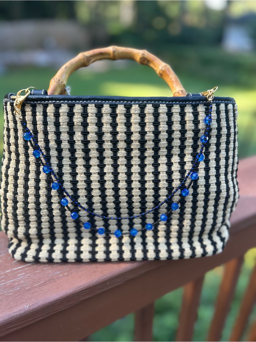 Handmade Blue and Black Upcycled Beaded Bag Chain
